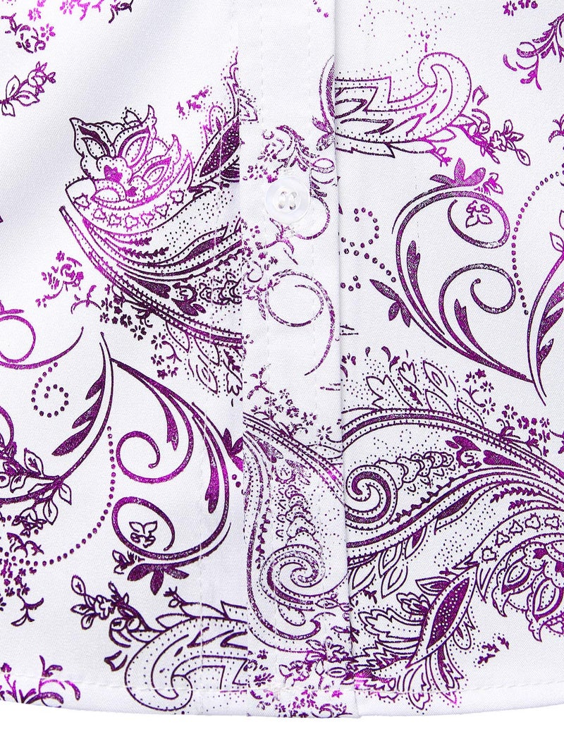ZEROYAA Men's Luxury Paisley Dress Shirt Shiny Floral Printed Button Down Shirts for Party Prom ZLCL18 White Purple X-Large - Image 5